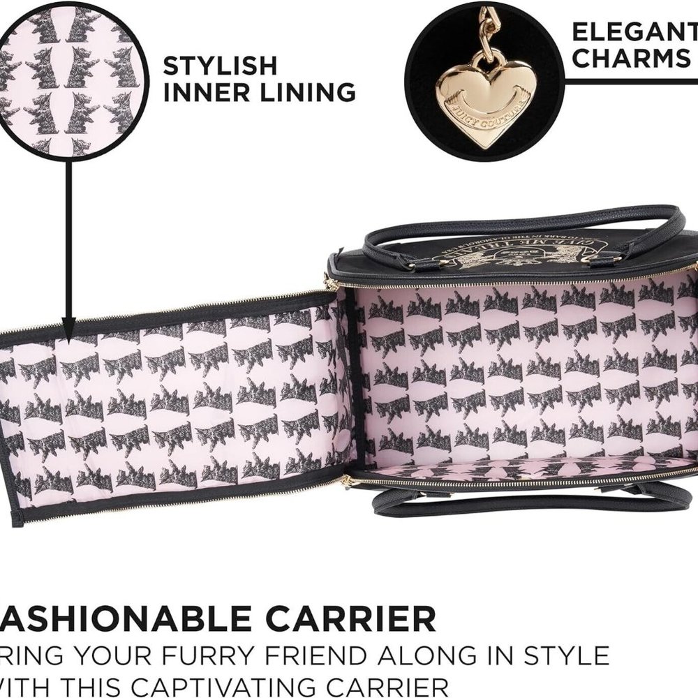 Juicy Couture Pet Carrier Crown Black Faux Suede Small Dog Cat Carrier 10 lbs. - Picture 4 of 15